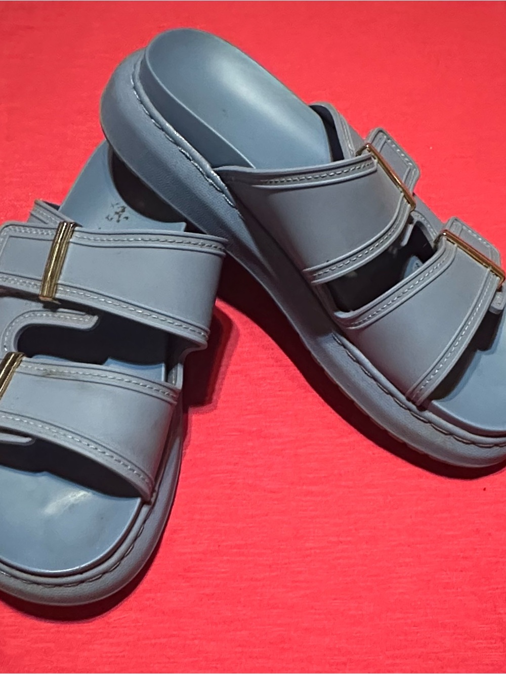 Madden Girl Blue Double-Strap Slide Sandals with Gold Buckles